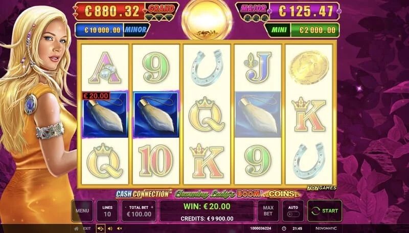 Cash Connection – Charming Lady's Boom Coins – pagrindinis ekranas su laiminčia linija
