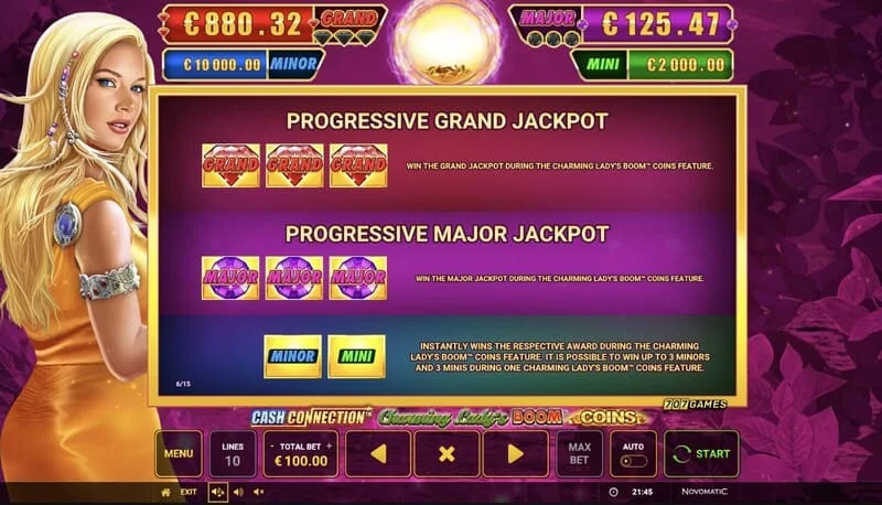 Cash Connection – Charming Lady's Boom Coins – Mini, Minor, Major ir Grand Jackpot lentelė