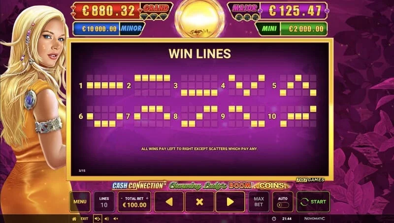 Cash Connection – Charming Lady's Boom Coins – mokėjimo linijos ir Wild Charming Lady